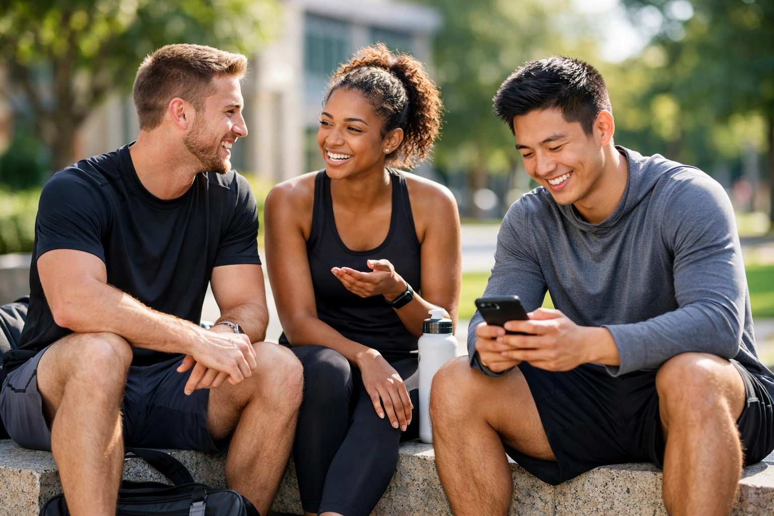 Diverse college student-athletes on a campus bench represent authentic NIL voices for Gen Z sports marketing.