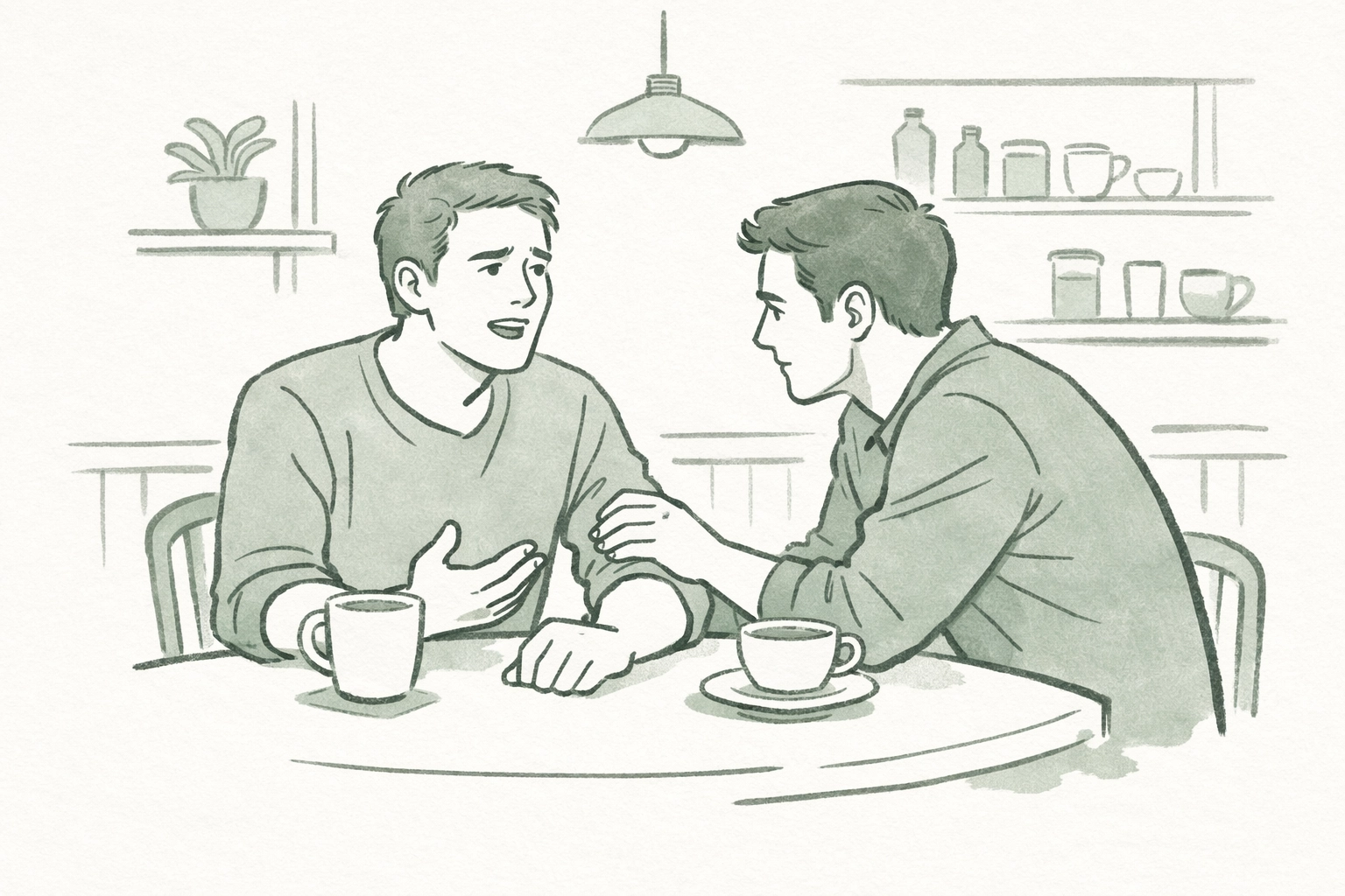 Two men at café supporting each other through conversation about coming out and visibility