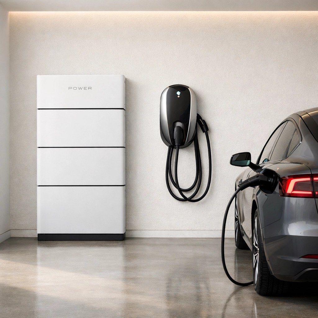 Home energy management system with EV charging station and battery storage in a luxury garage.