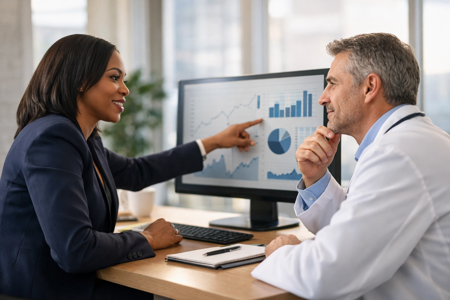 Financial advisor and doctor reviewing a medical practice financial assessment and growth strategy.