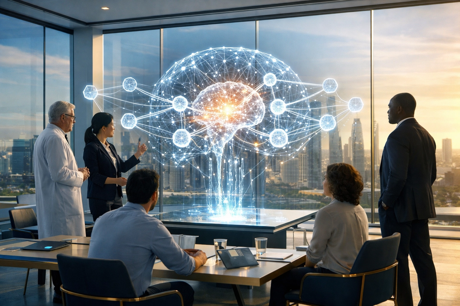 Experten arbeiten an transparenten KI-Lösungen in der Partnerschaft mit dem AI Hub Cologne in einem modernen Schulungsraum.