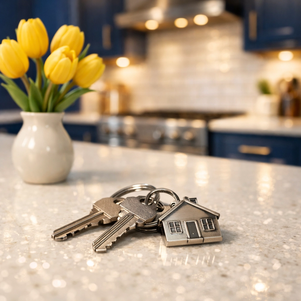 New house keys on a sanitized kitchen counter after a professional move-in cleaning service in Boston.