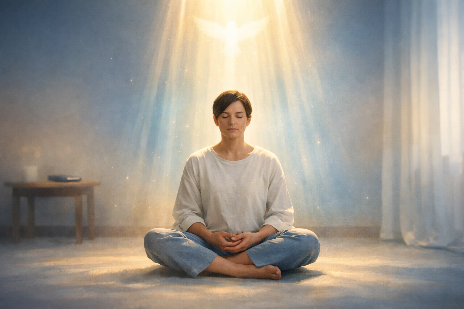 Person praying peacefully with eyes closed as Holy Spirit light shines from above