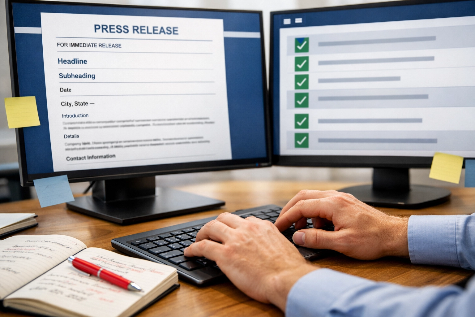 Press release quality check workflow with dual monitors showing template and checklist for automation