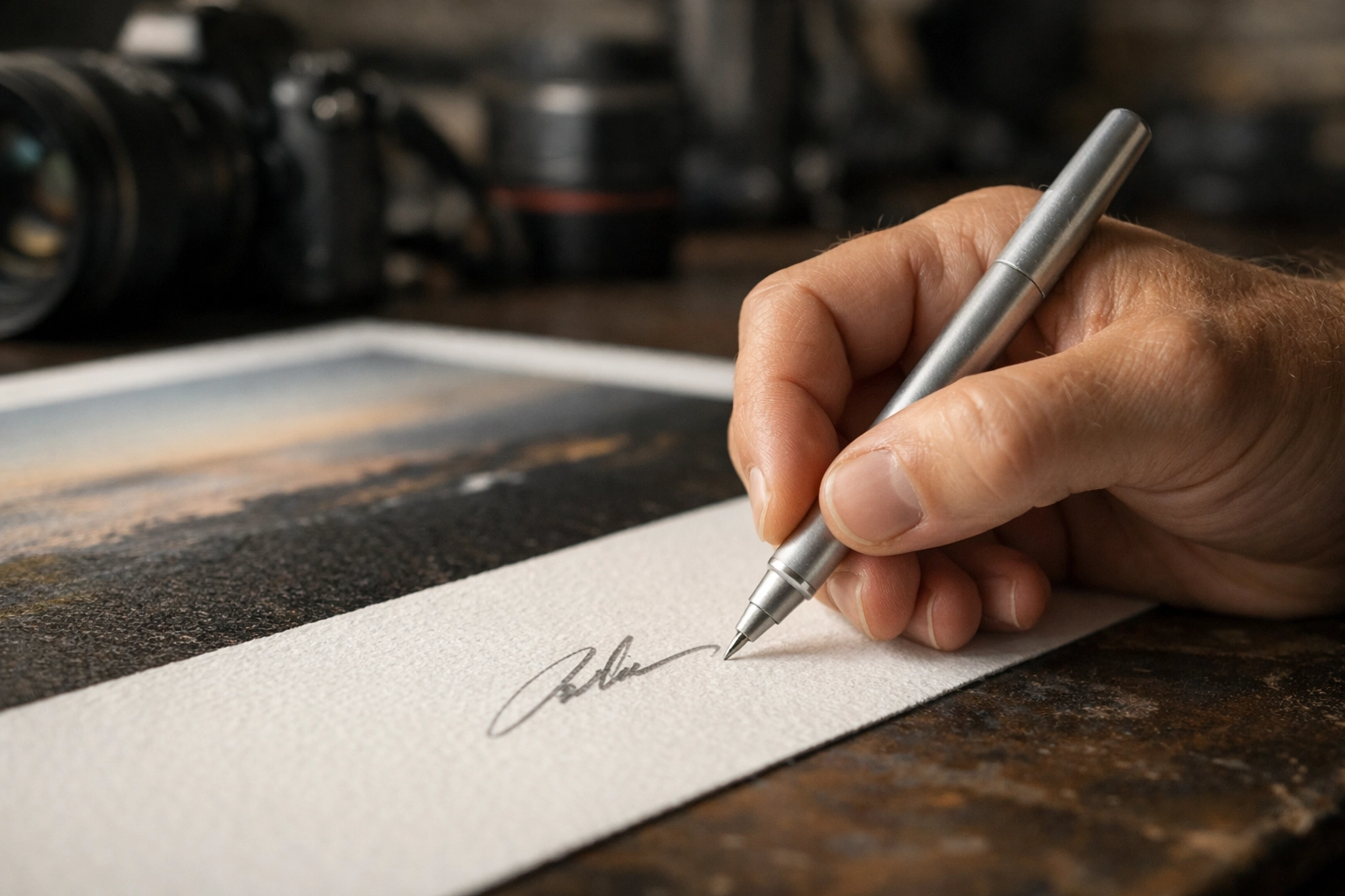 Photographer signing a textured archival fine art print in a professional Reno, Nevada studio.
