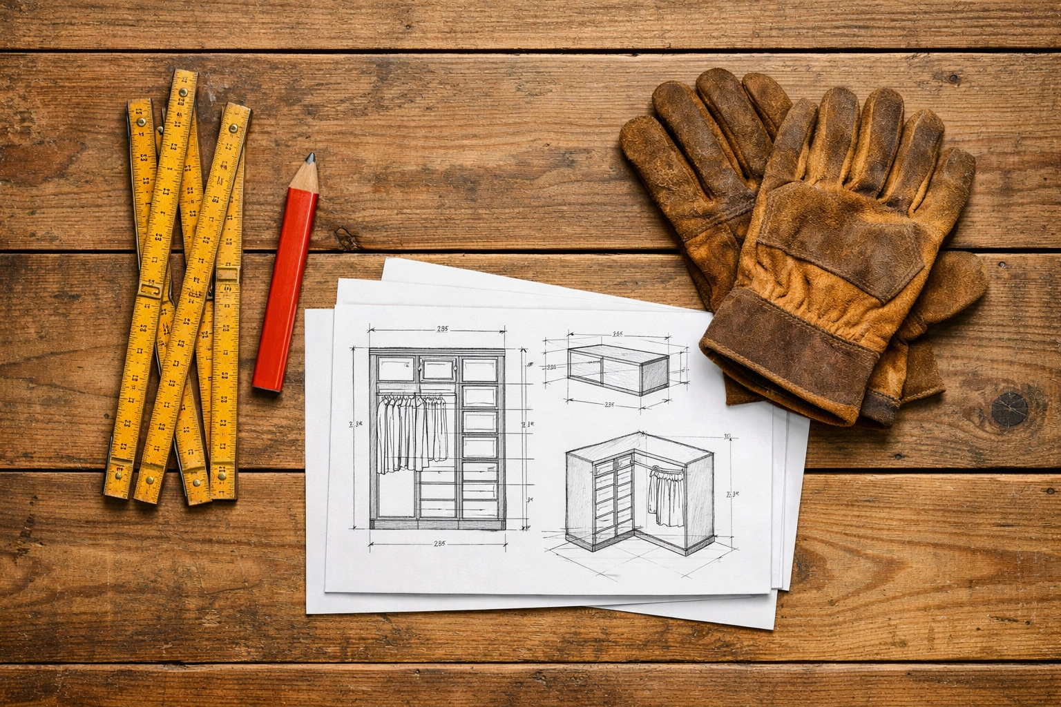 Carpenter planning tools and sketches Carpenter tools and wardrobe design plans on a workbench