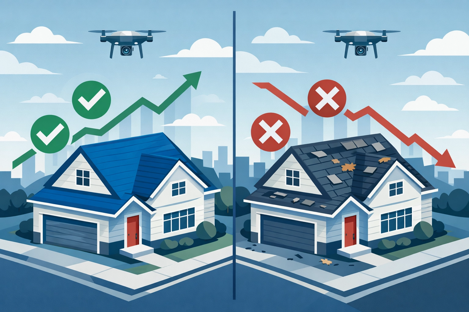 Side-by-side comparison of well-maintained rental property roof vs neglected roof with inspection flags