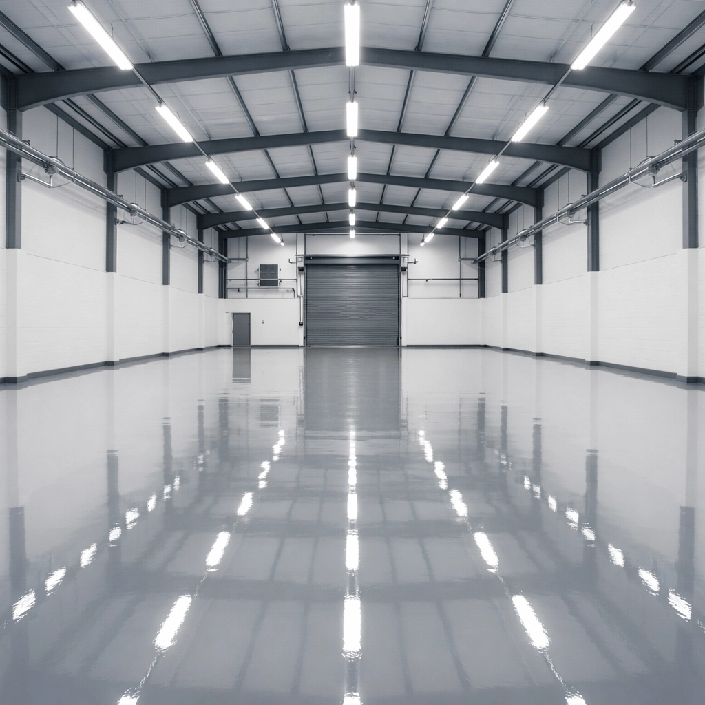 Fully renovated industrial unit featuring white walls and a high-gloss grey epoxy floor coating.