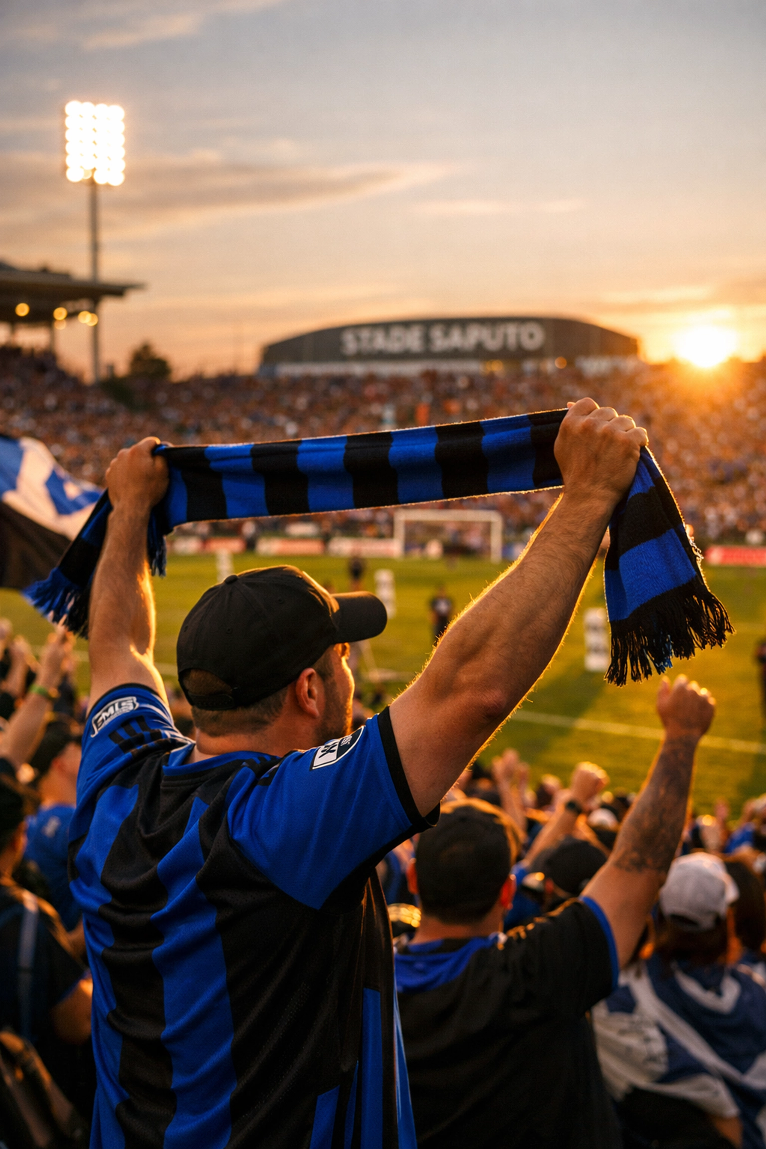 CF Montréal supporters waving team scarves during a sunset soccer match at Stade Saputo.