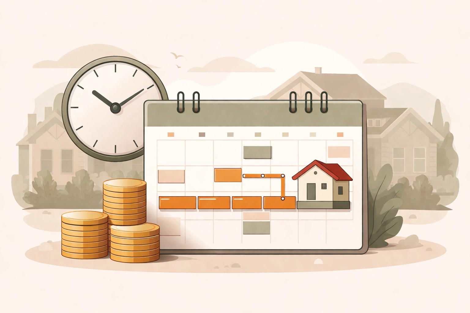 Calendar, house, and coins illustrating Nashville real estate holding costs and longer days on market