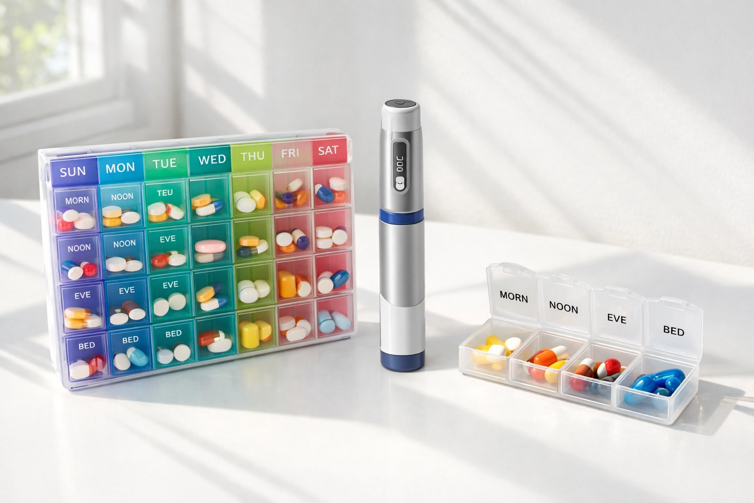 Weekly and daily medication organizers with injection pen showing different dosing schedules