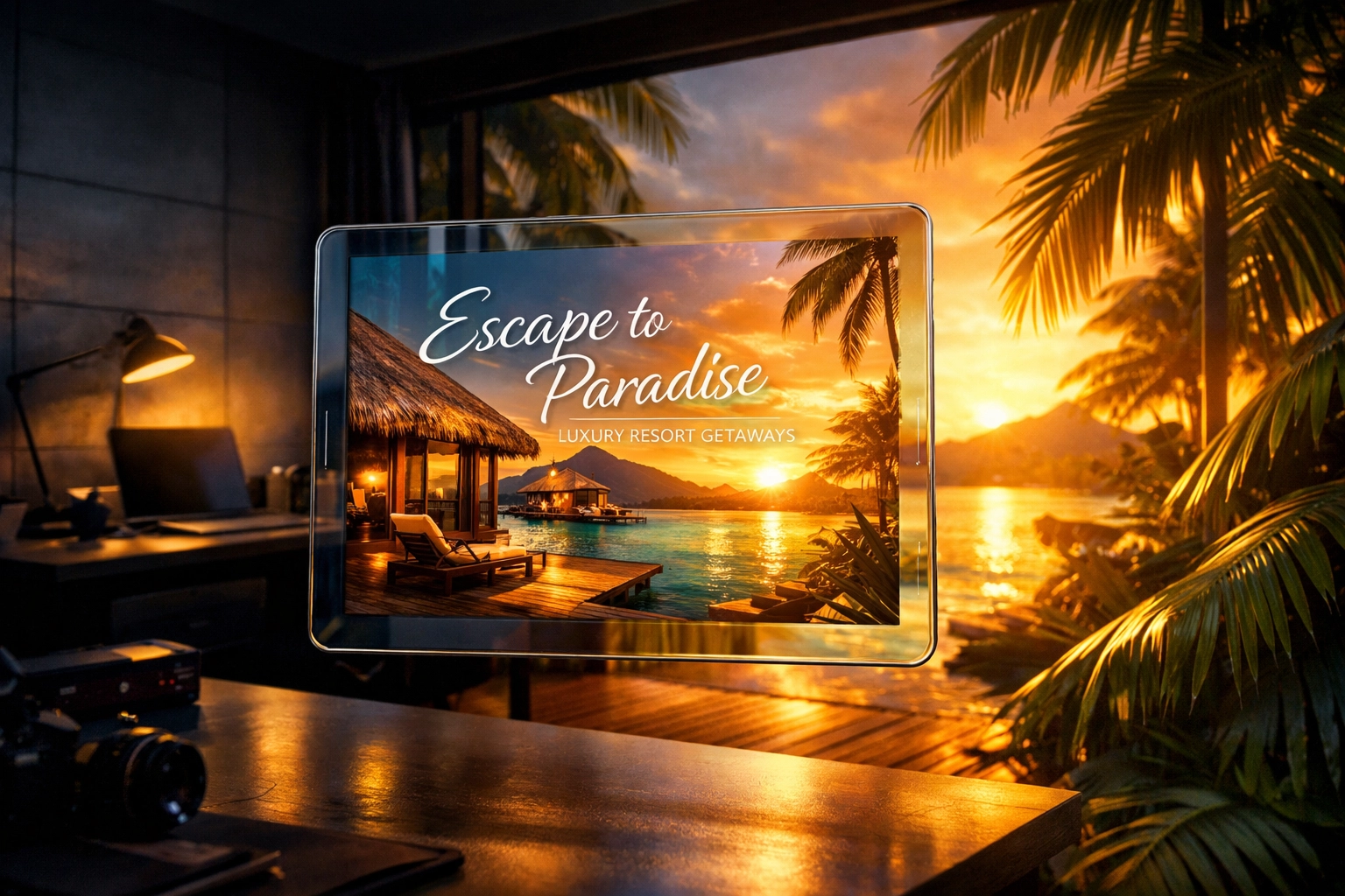 Digital tablet displaying a travel ad that matches the room environment for PPC message alignment.
