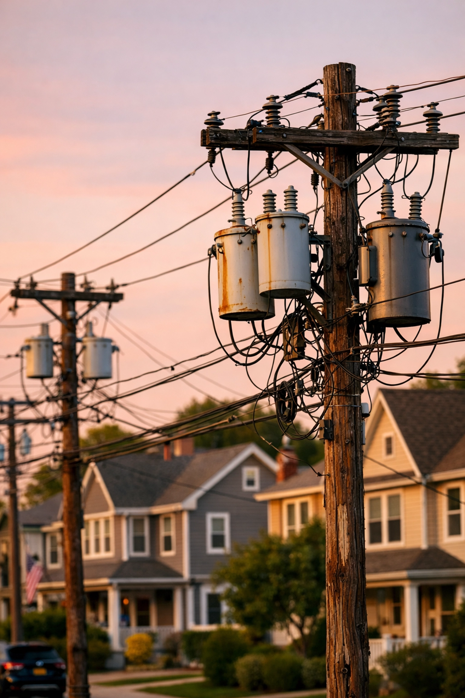 Aging electrical utility poles and power lines in New York suburban neighborhood
