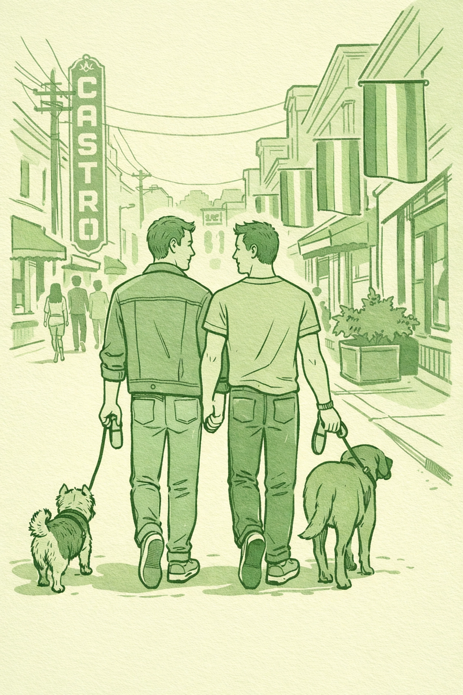 Gay couple walking dogs in Castro District during first LGBTQ+ Purr-ide Parade charity walk