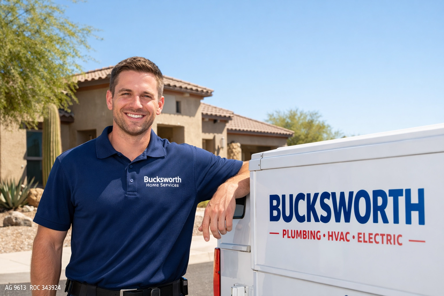 Reliable Bucksworth Home Services technician arriving for emergency plumbing repairs in Gilbert, Arizona.