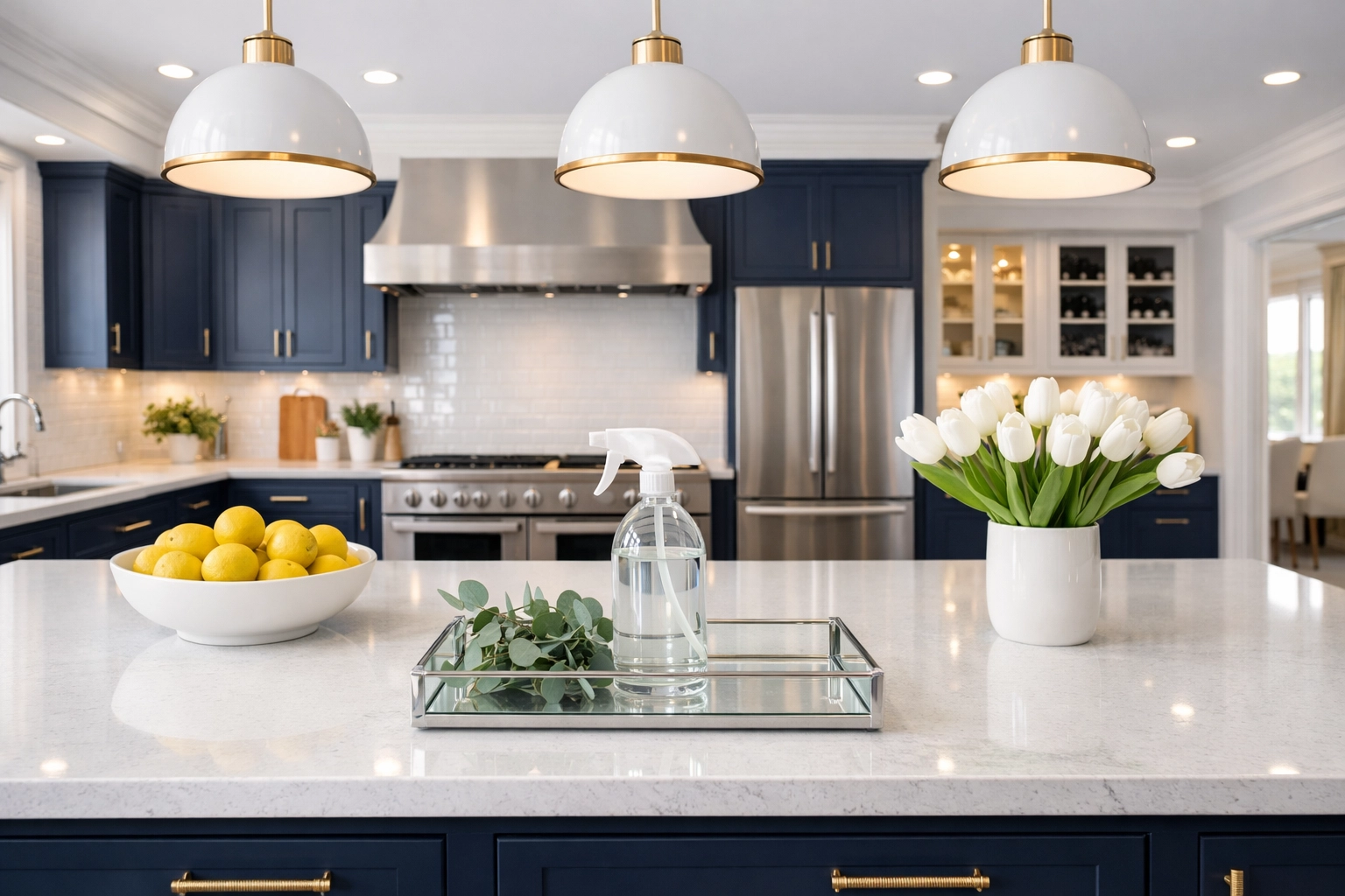 Luxury kitchen in Worcester after professional deep cleaning, showing eco-friendly supplies on quartz countertops.