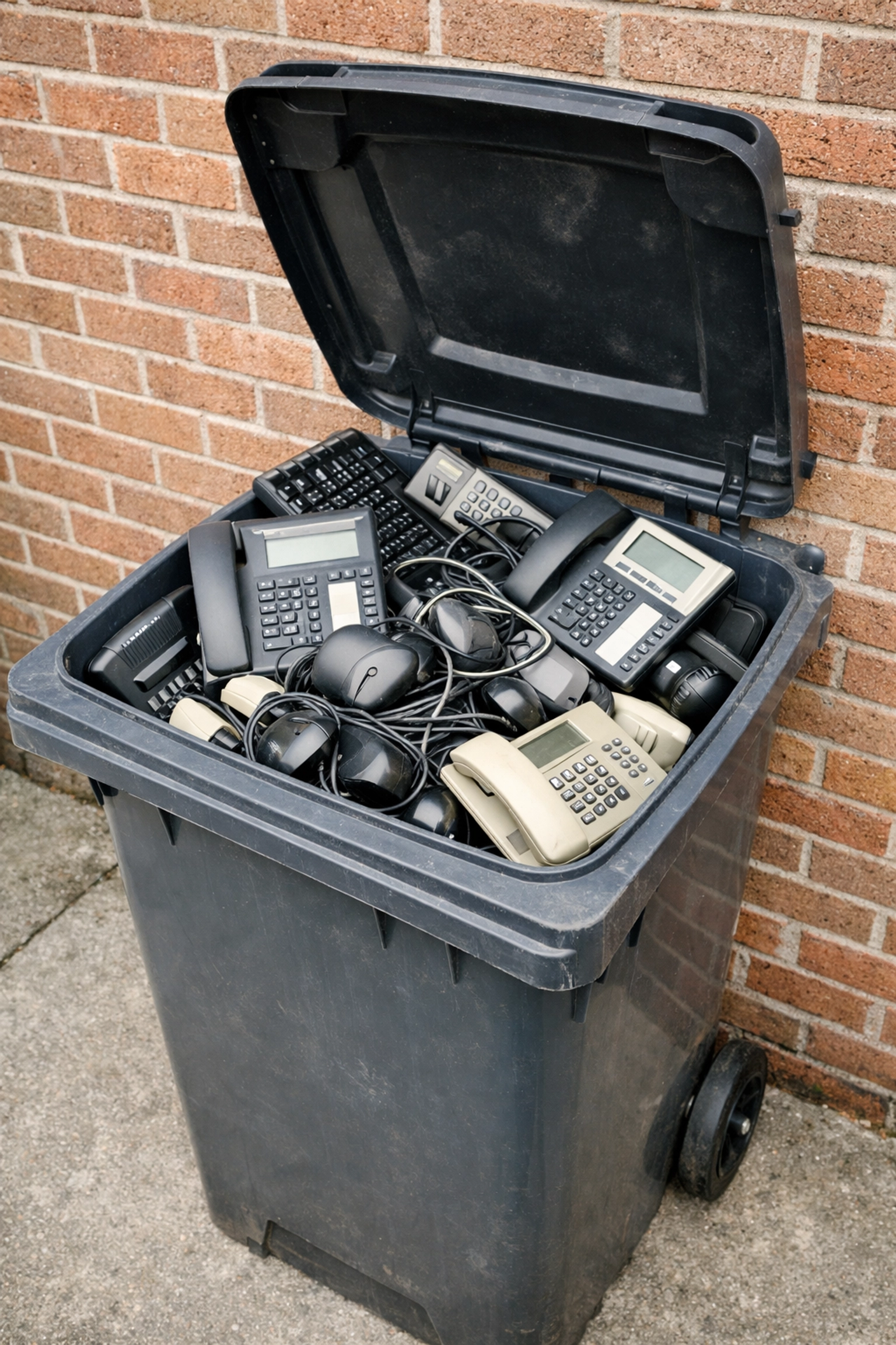 Small office electronics and keyboards inside a dedicated e-waste recycling bin for a business clear-out.