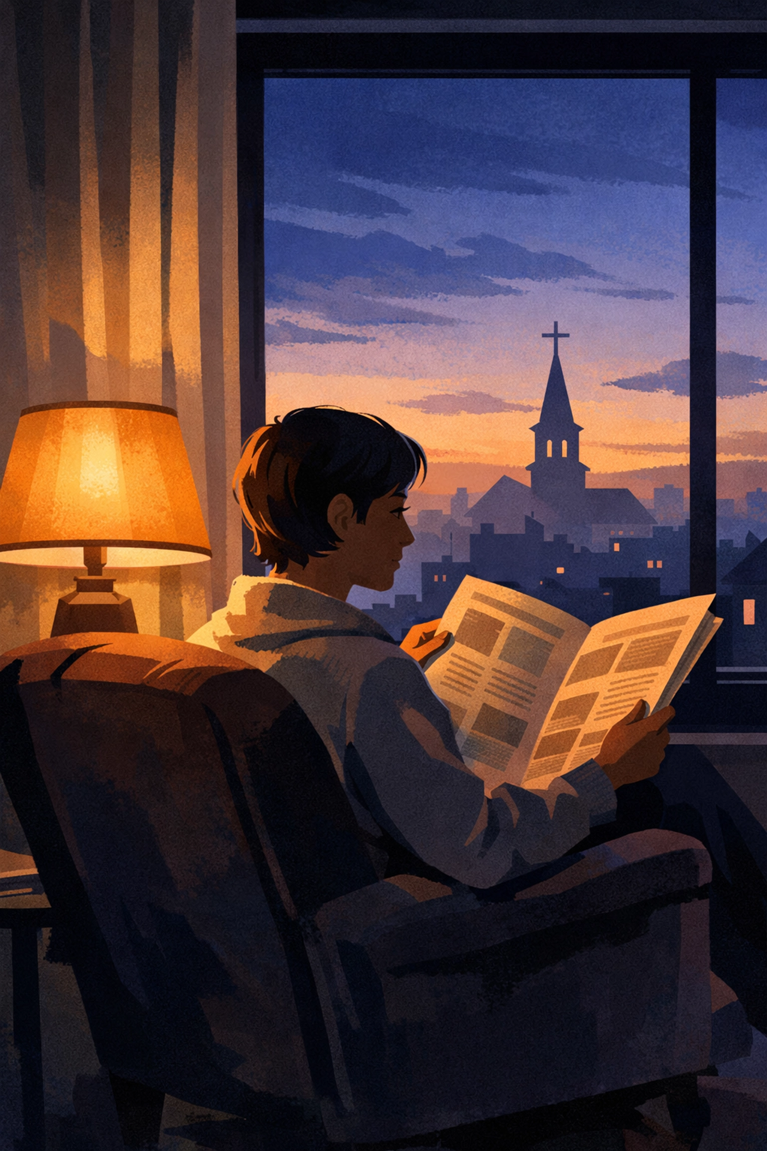 Person reading morning newspaper in chair with faith perspective and peaceful morning routine