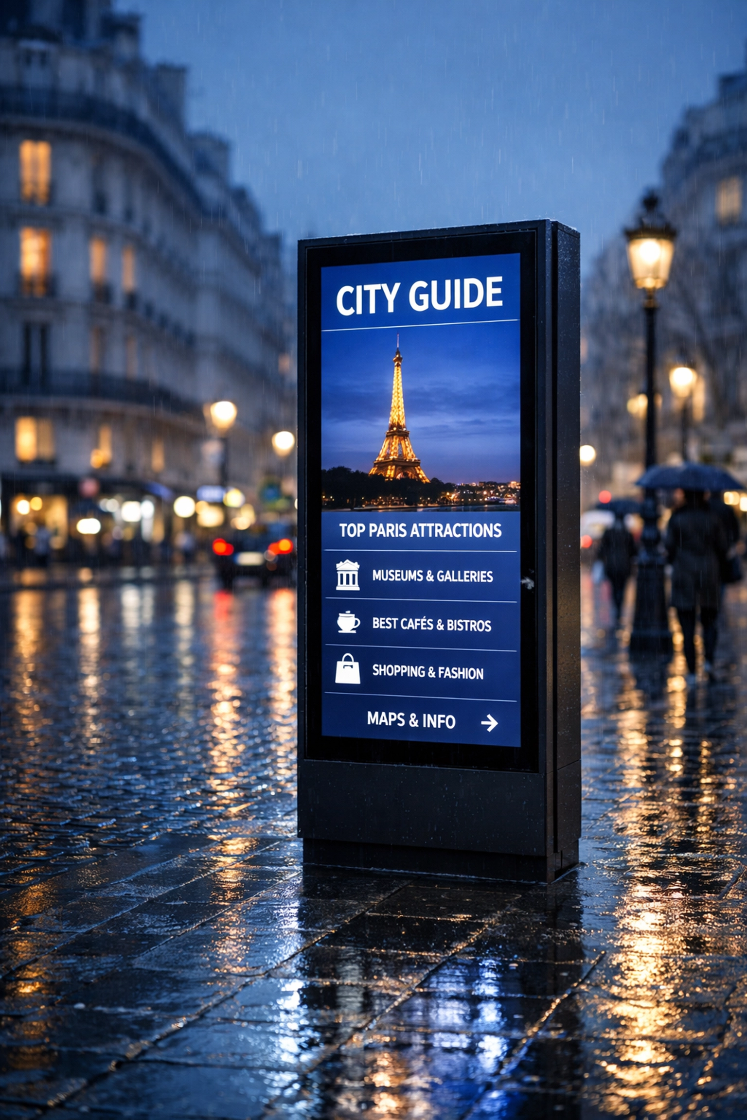 Digital advertising kiosk on a rainy Paris street using weather-based triggers for DOOH.