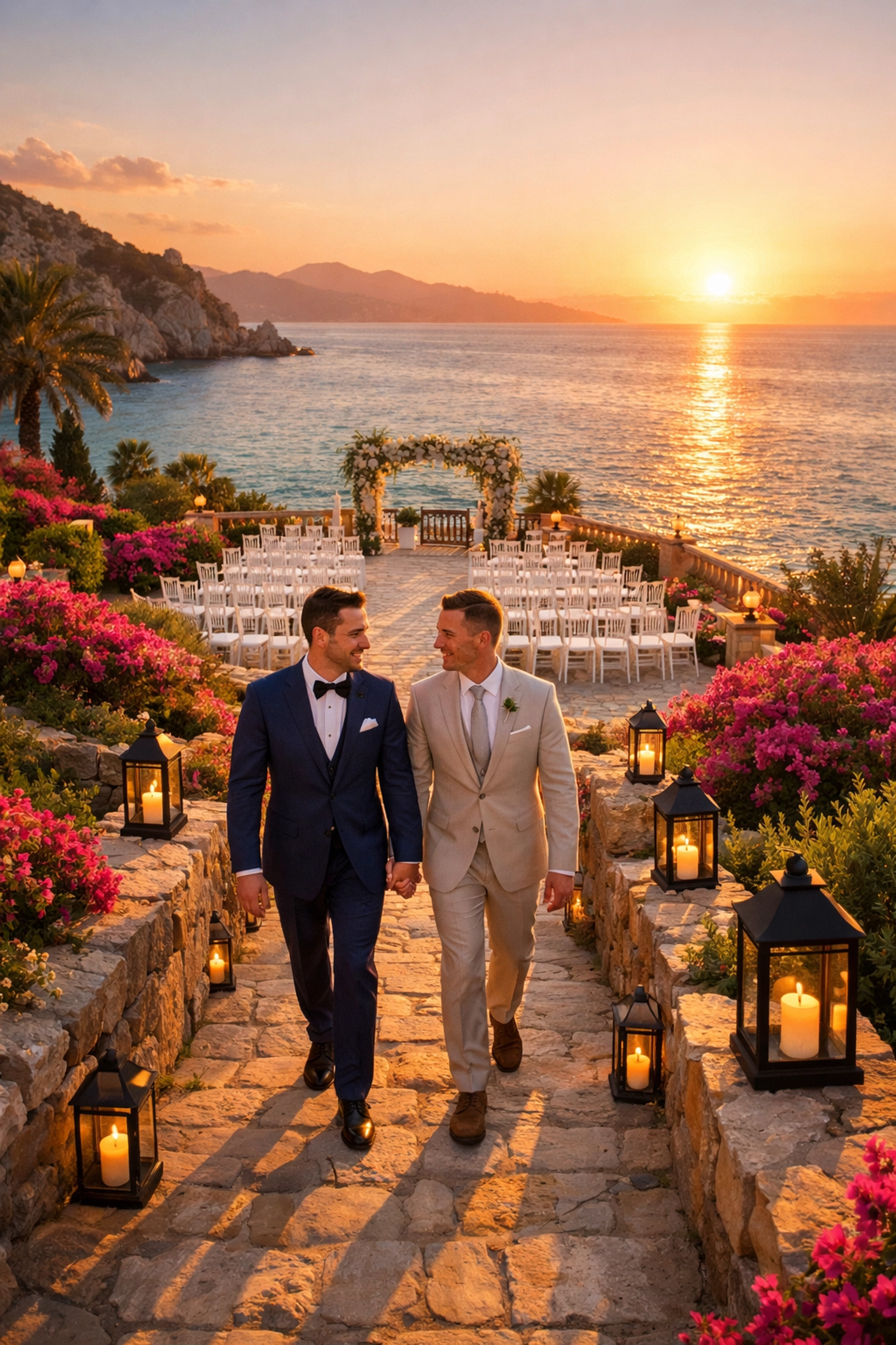 Two grooms walking at Sitges coastal wedding venue overlooking Mediterranean Sea