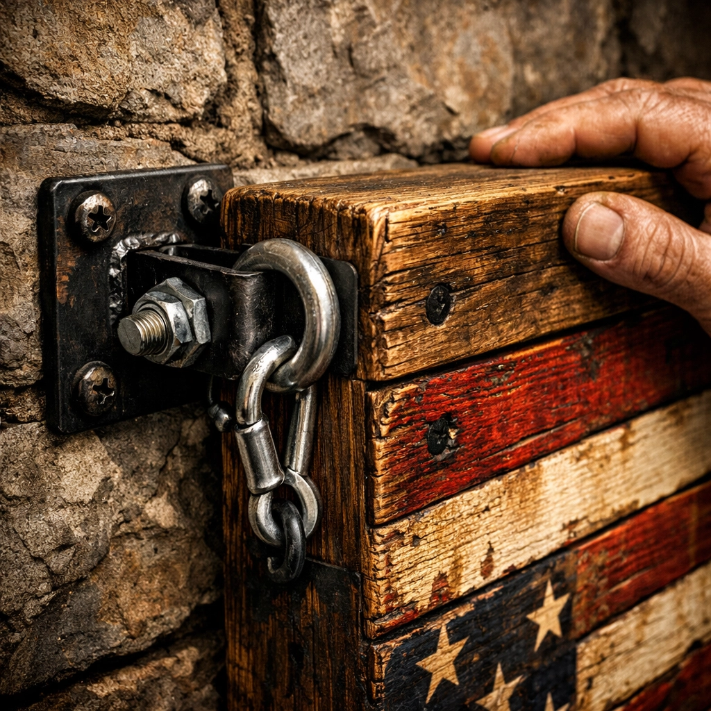 Properly mounting a wooden American flag as patriotic wall art on a rustic stone wall.
