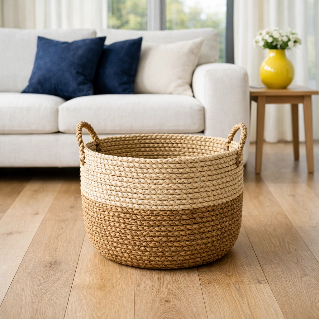 A stylish woven basket in a clean, minimalist living room used for the Basket Method decluttering hack.