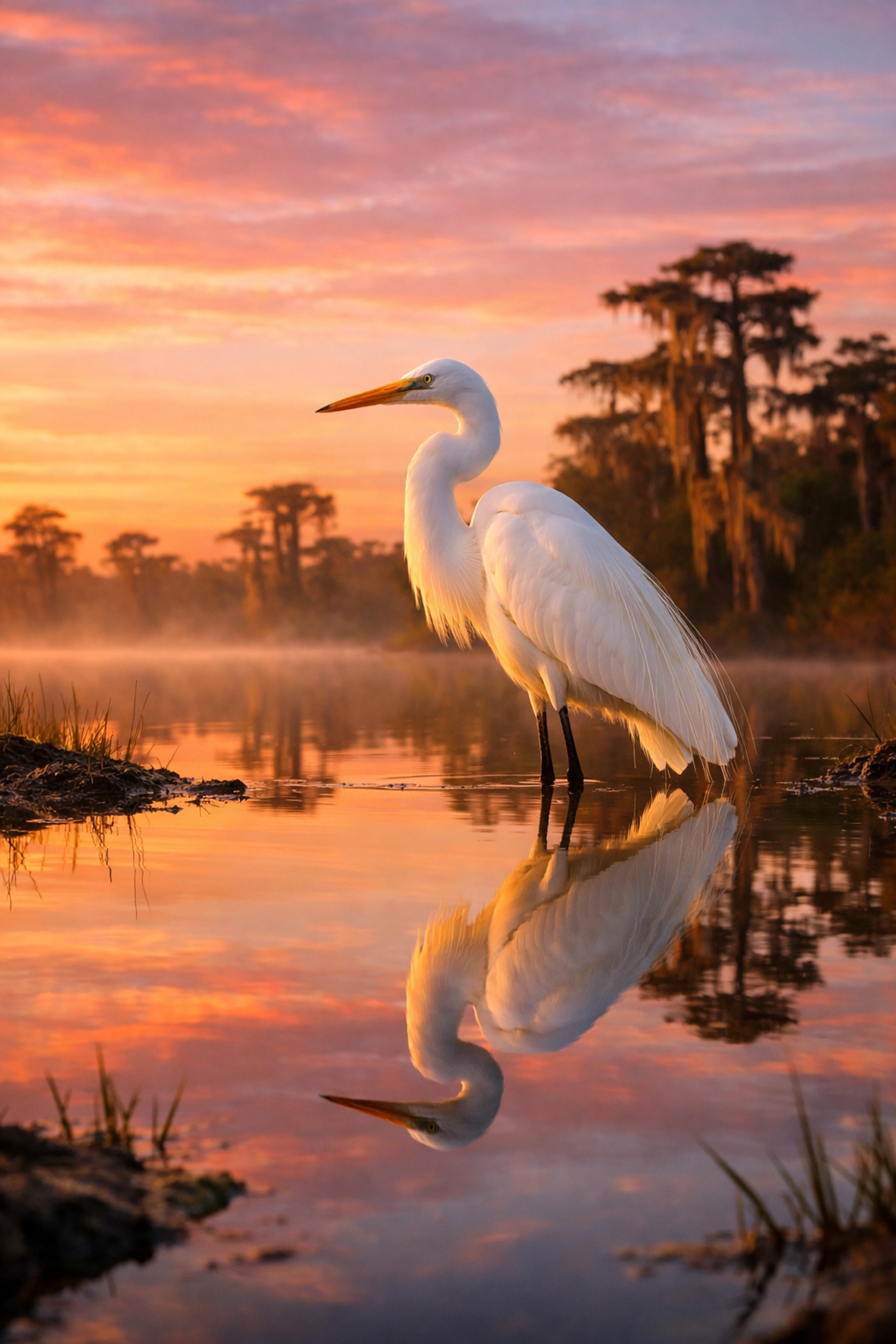 A Great Egret stands in a reflecting pool at sunrise, a prime Everglades wildlife photography location.