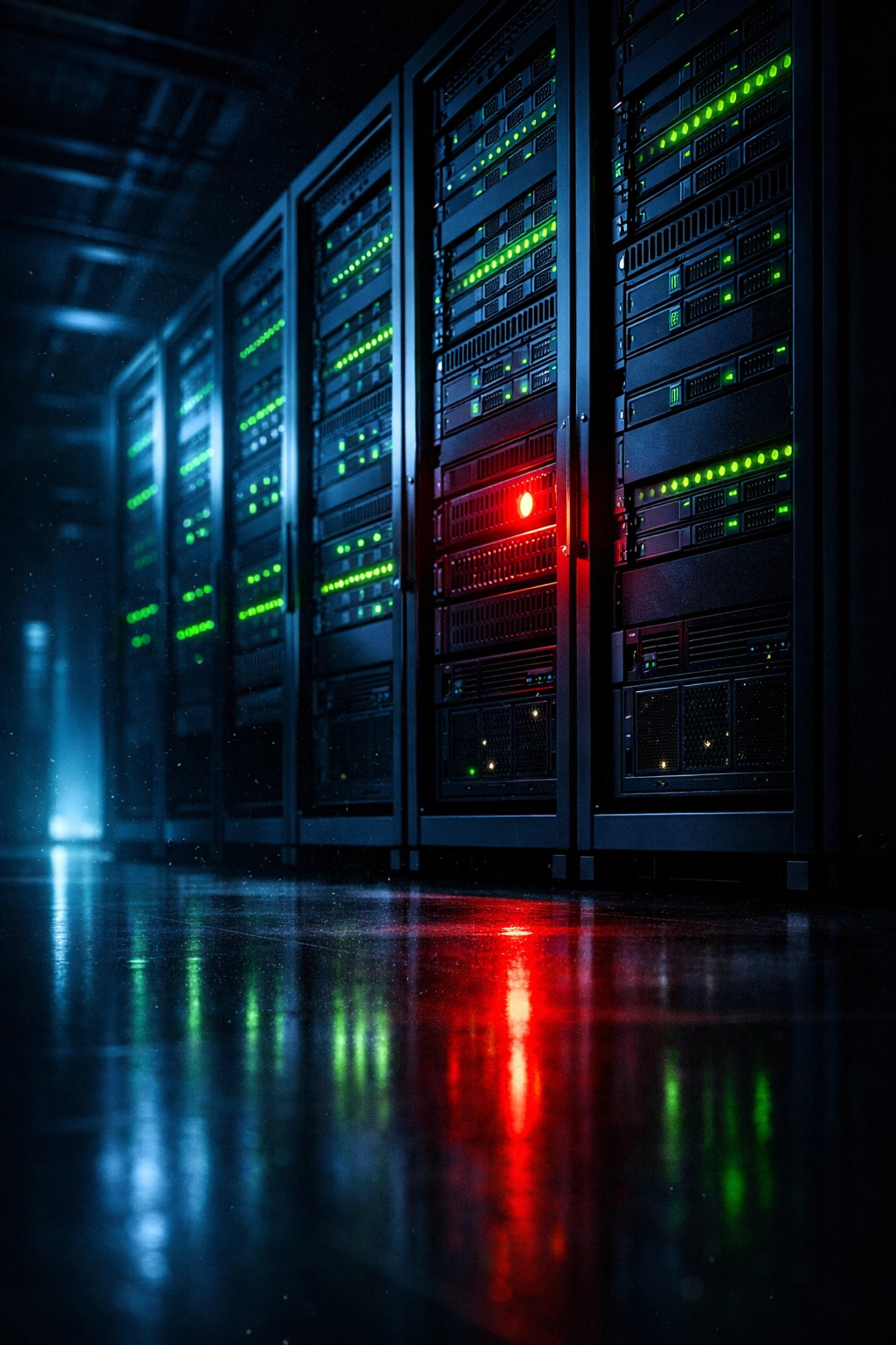 Server rack with single red warning light indicating undetected backup failure