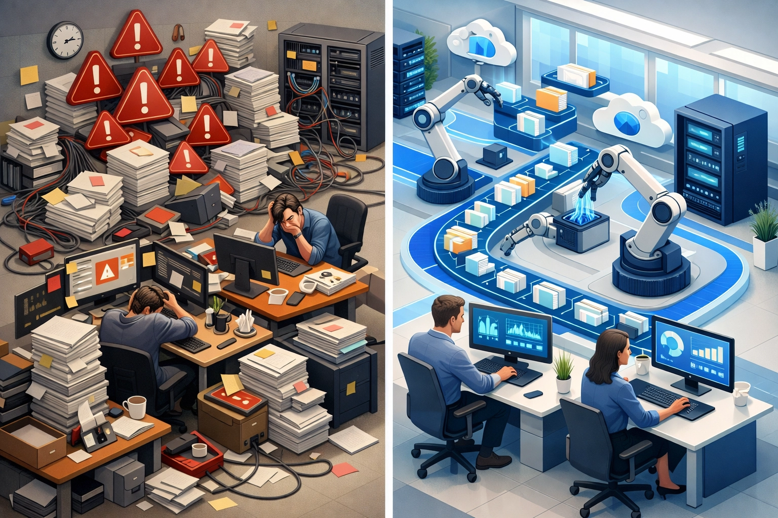 Comparison of manual IT workflows versus automated ServiceNow ITOM efficiency improvements