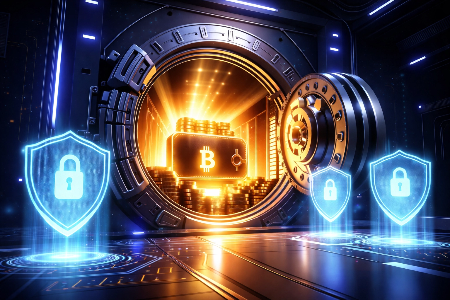 A digital vault opening to reveal a secure cryptocurrency wallet, symbolizing self-custody and financial control in Web3 payments.