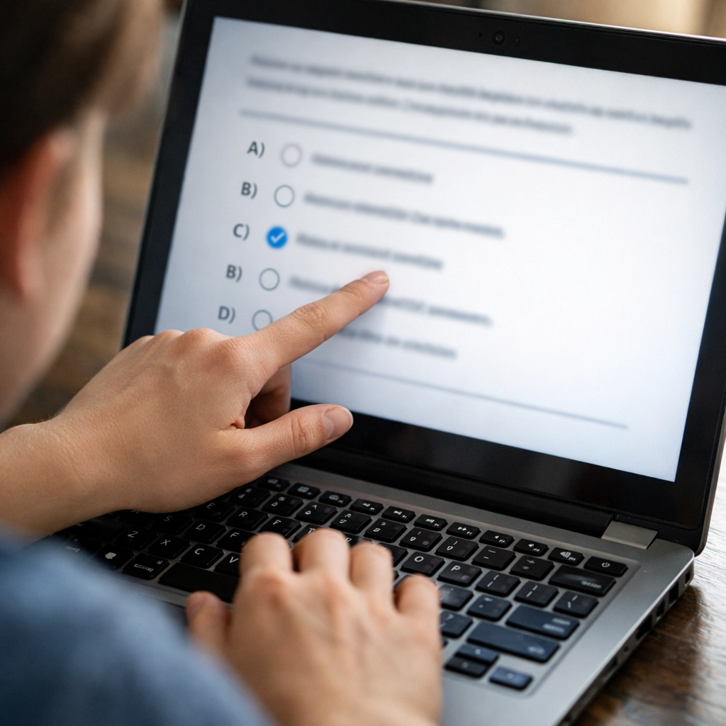 Student reviewing multiple choice answers on laptop using elimination strategy for CLEP practice test
