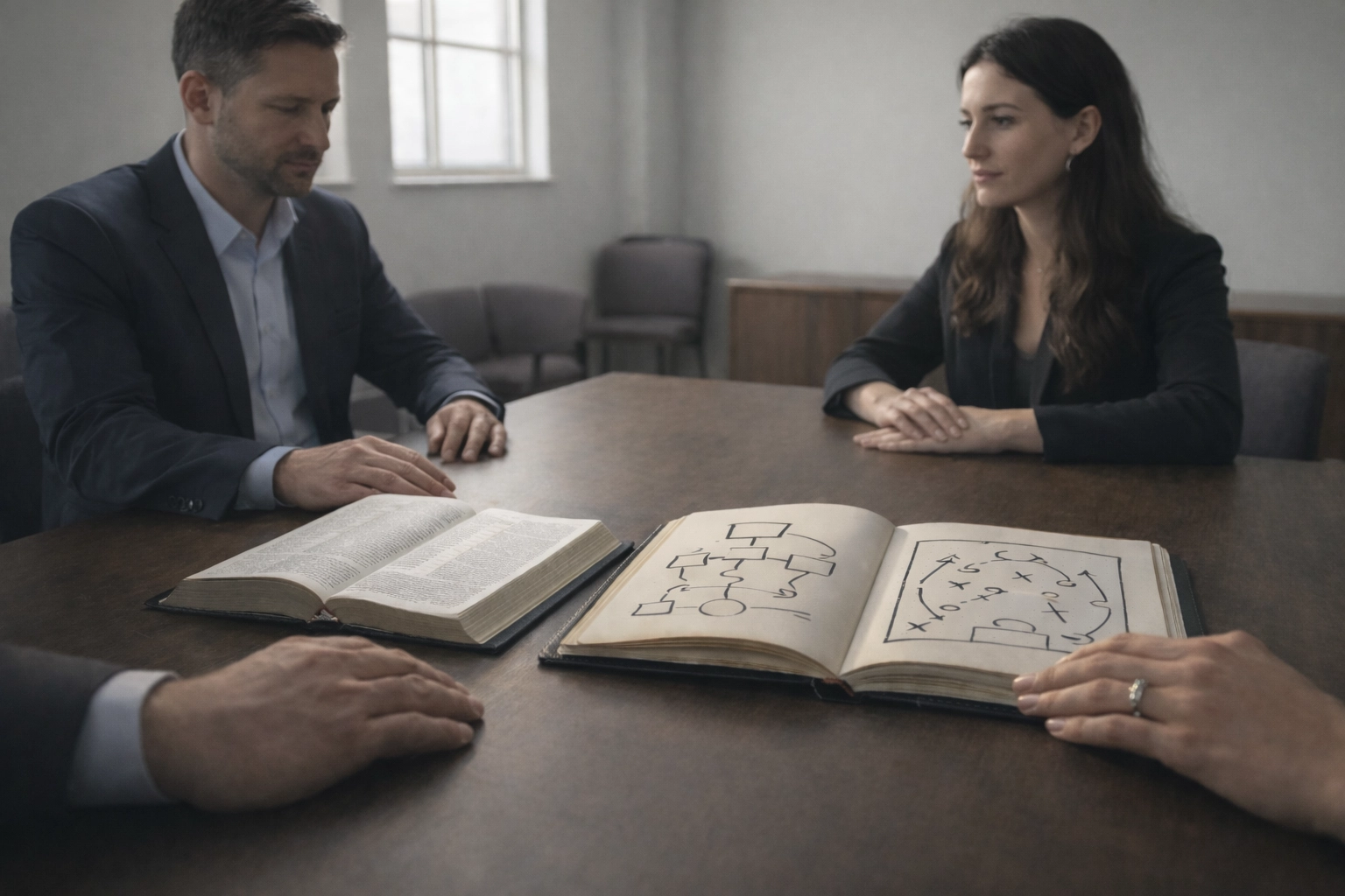 Bible and business strategy notebook unified on boardroom table illustrating faith-based coaching