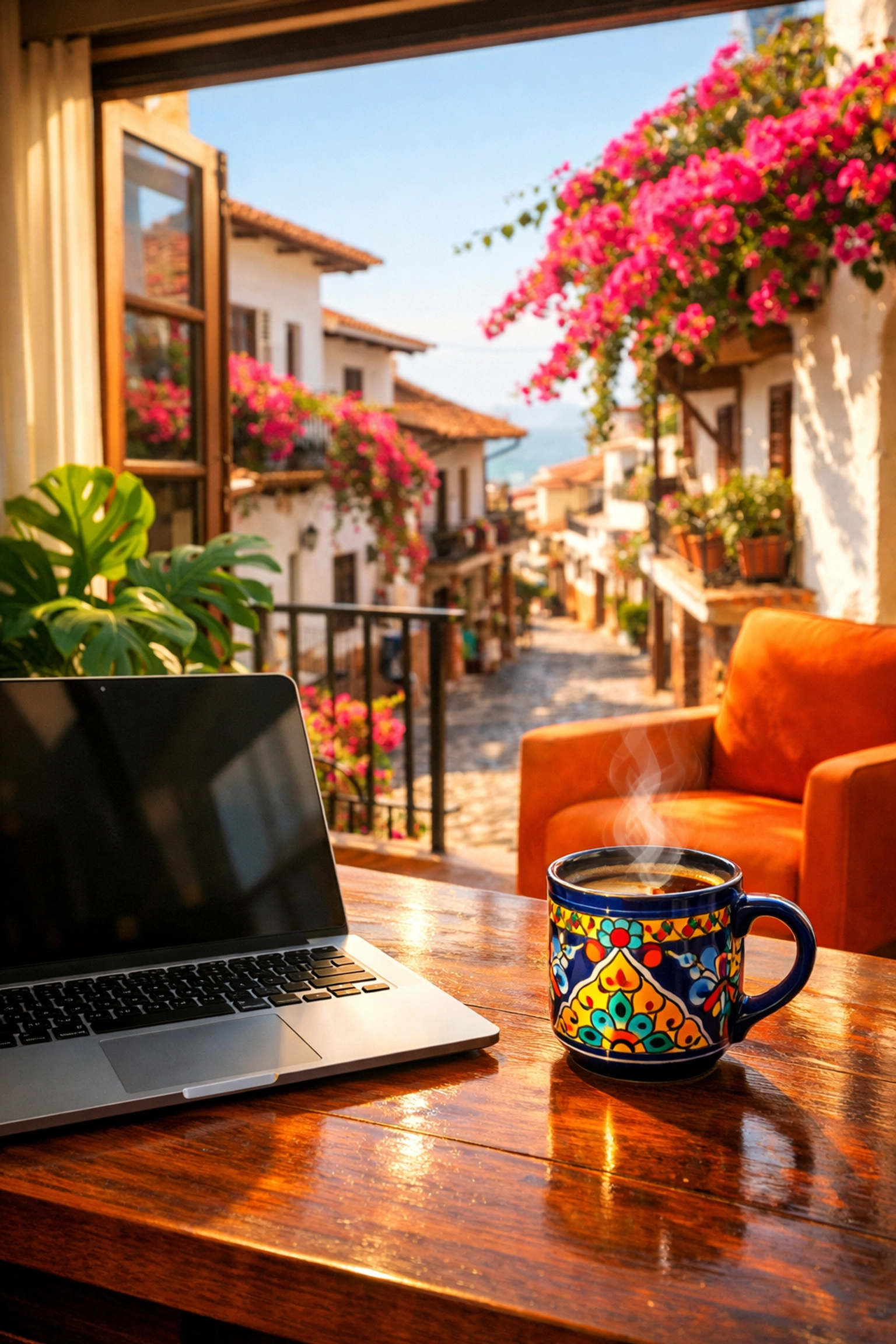 Digital nomad workspace in puerto vallarta rentals old town with a sunny street view and laptop.