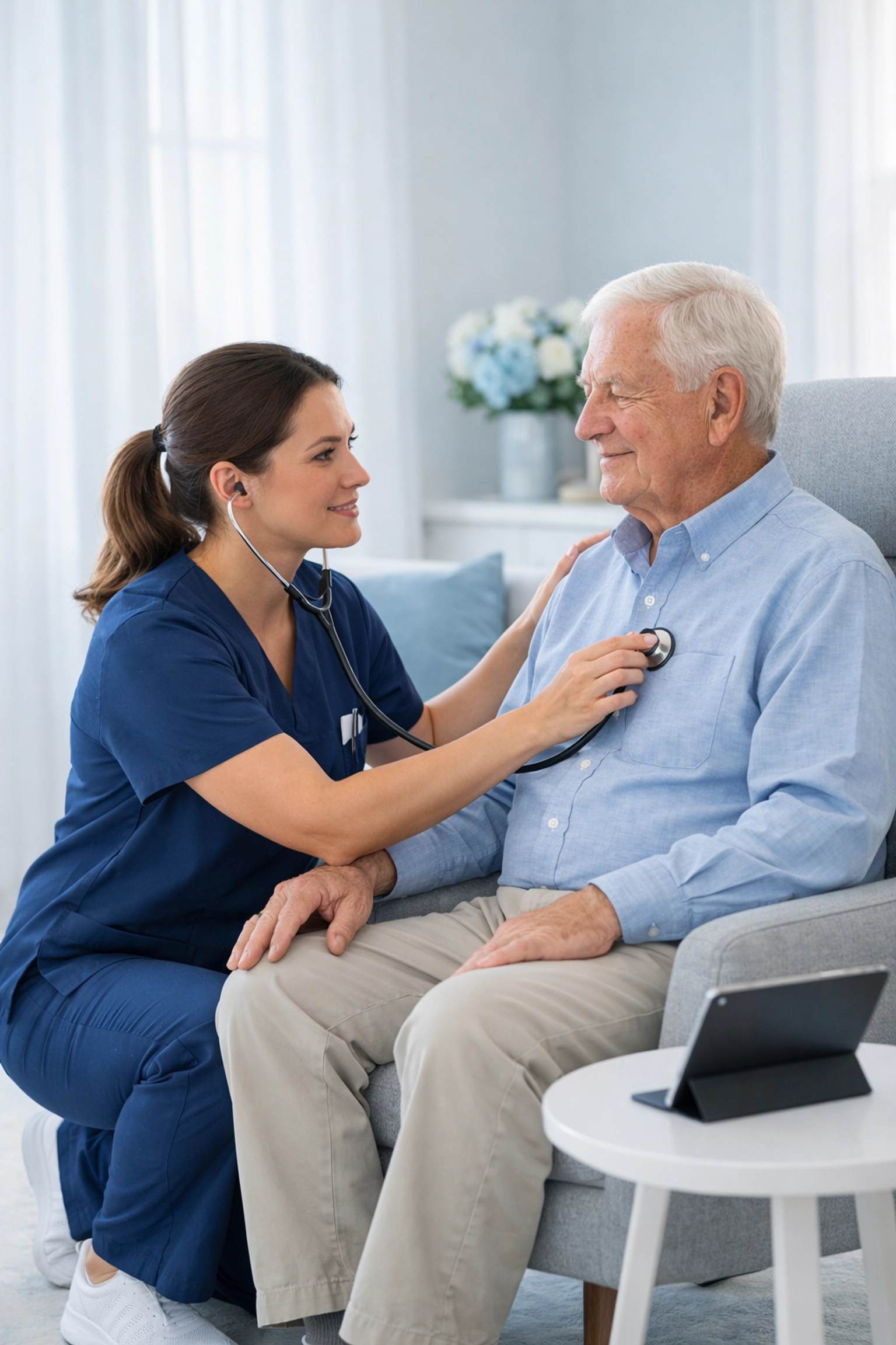 Home health nurse performing a patient assessment using AI clinical documentation software on a tablet.