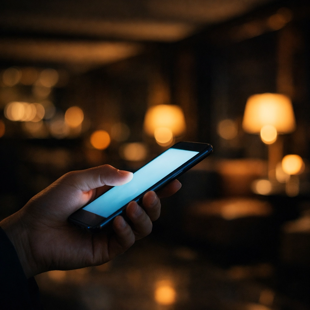 A hotel guest using a smartphone for 24/7 digital concierge support and seamless stay management.