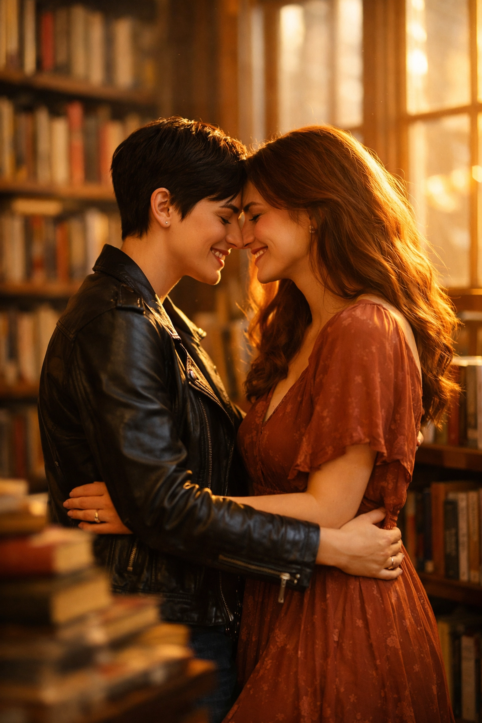 Two women sharing intimate moment among LGBTQ+ books representing lesbian romance fiction