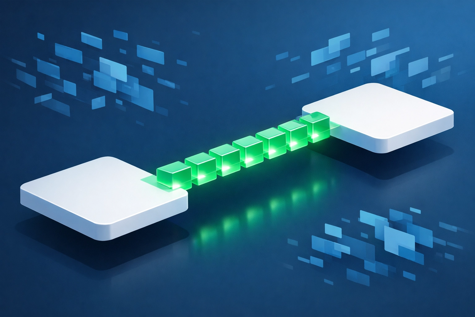 A bridge of green data cubes connecting business platforms, symbolizing secure AI implementation.