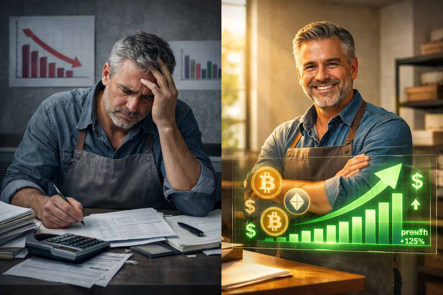 Merchant business growth comparison showing traditional payment struggles vs crypto payment success