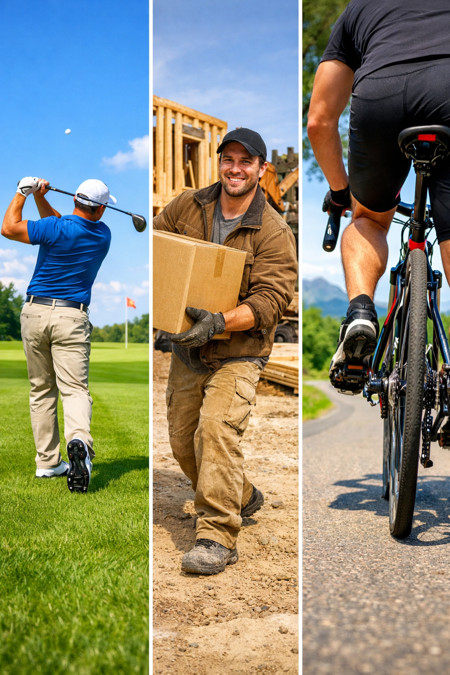 Men golfing, working, and cycling while wearing anti-chafe athletic support underwear for men.