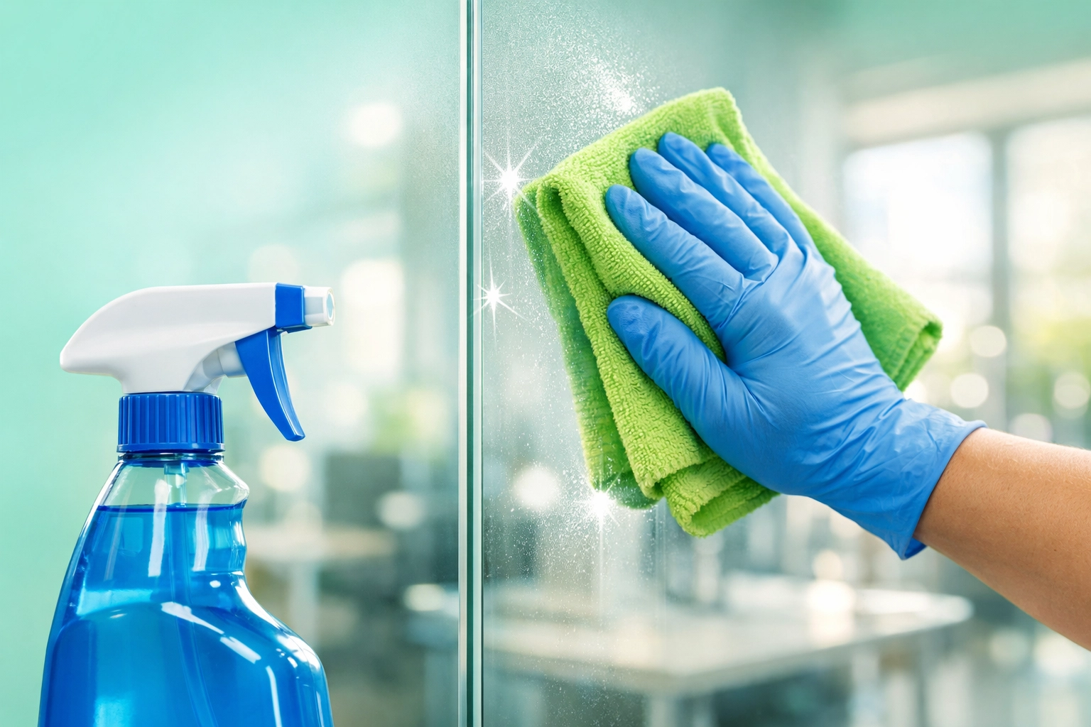 Detail of a Shine Co. professional cleaning glass to ensure a spotless Cedar Falls office environment.
