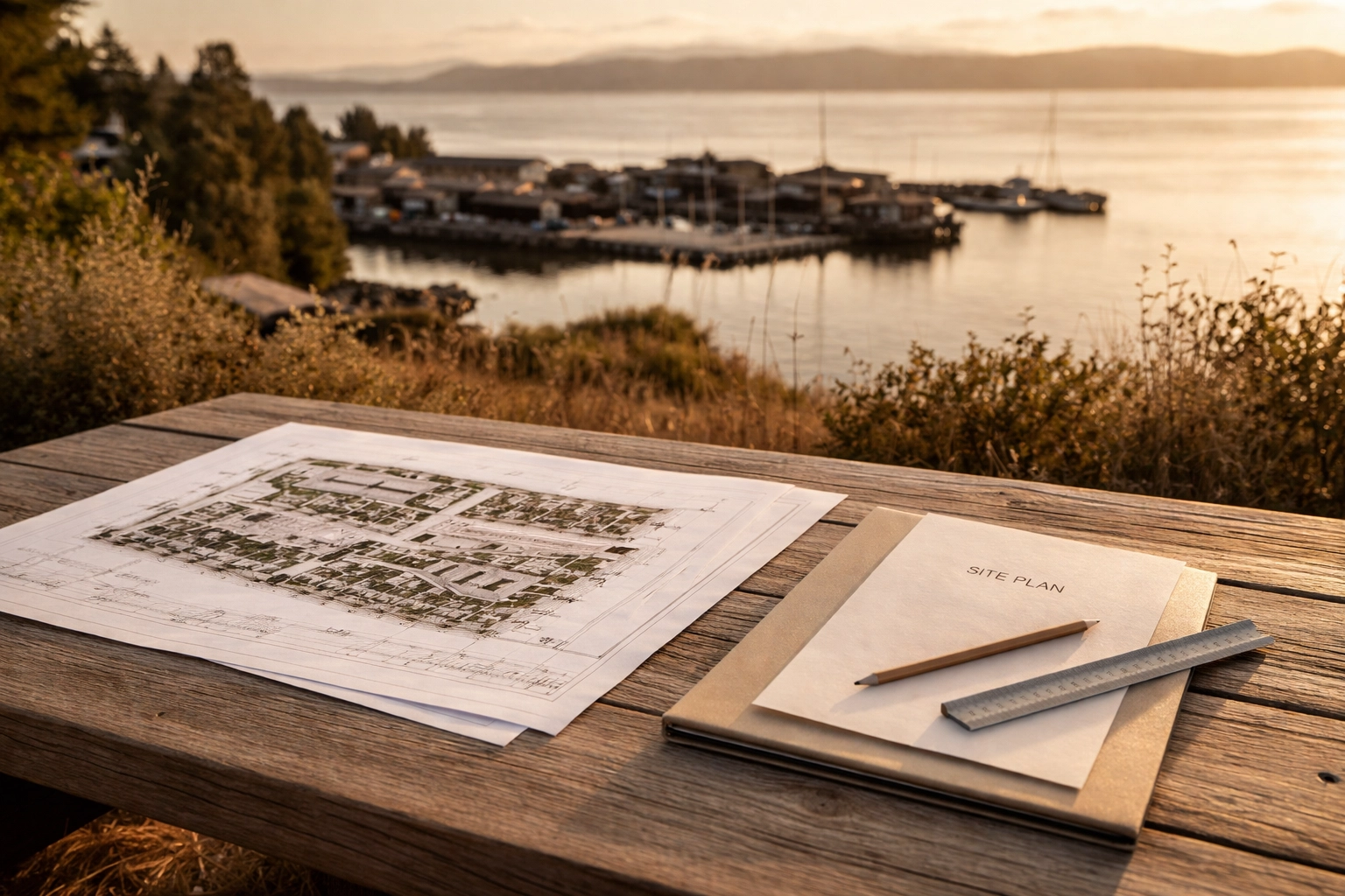 Olympic Peninsula coastal landscape with harbor view and architectural site plans beside a project folder, symbolizing design-led local expertise