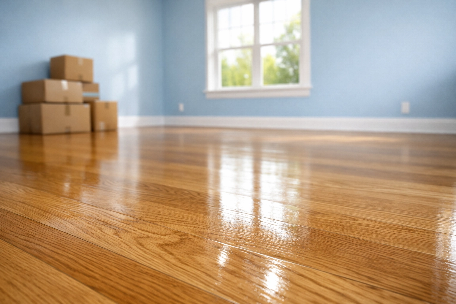Move-in house cleaning in Pepperell MA featuring a sanitized living room with polished hardwood floors.