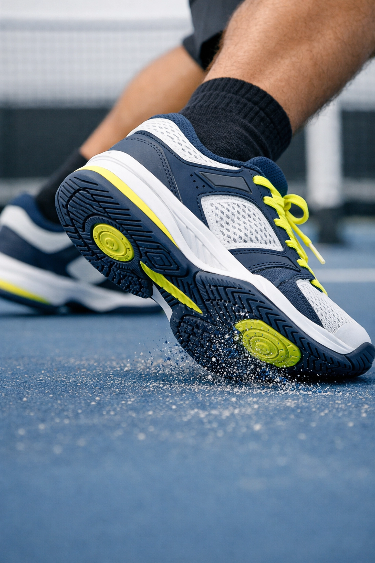 Proper pickleball footwear showing lateral support to avoid common sports injuries and foot conditions.