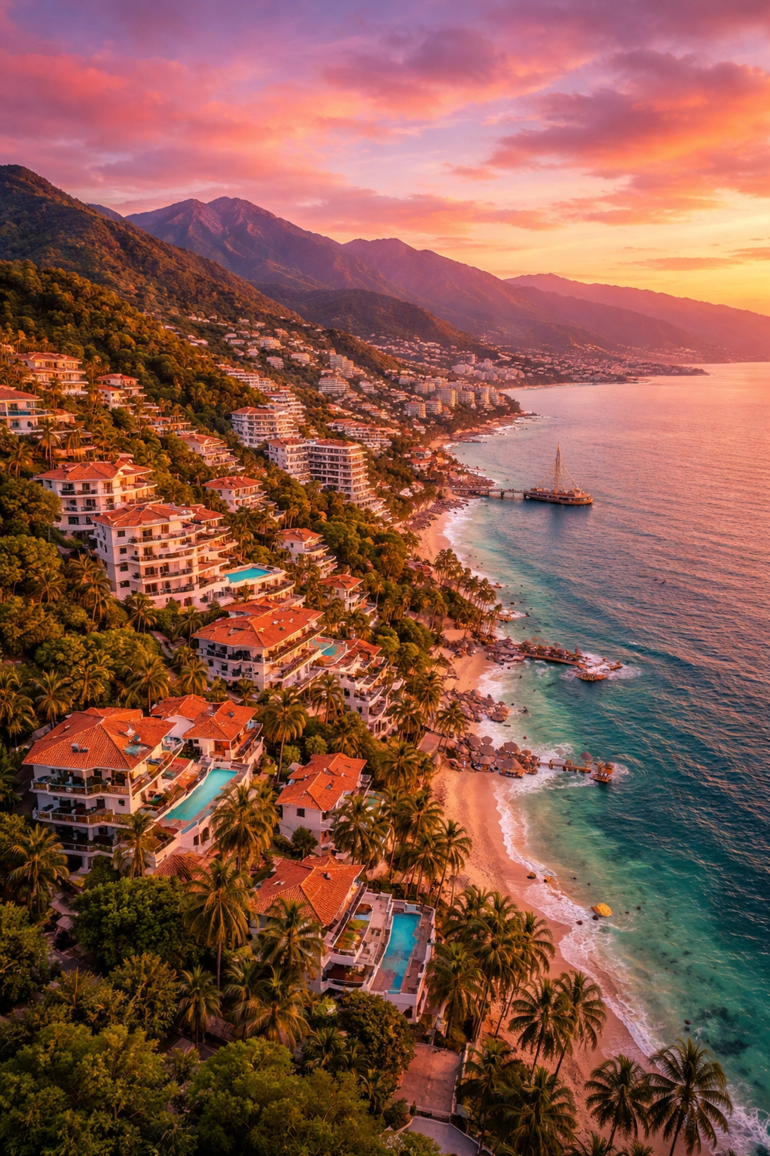 Aerial view of Amapas neighborhood in Puerto Vallarta, lush hills and Banderas Bay at sunset