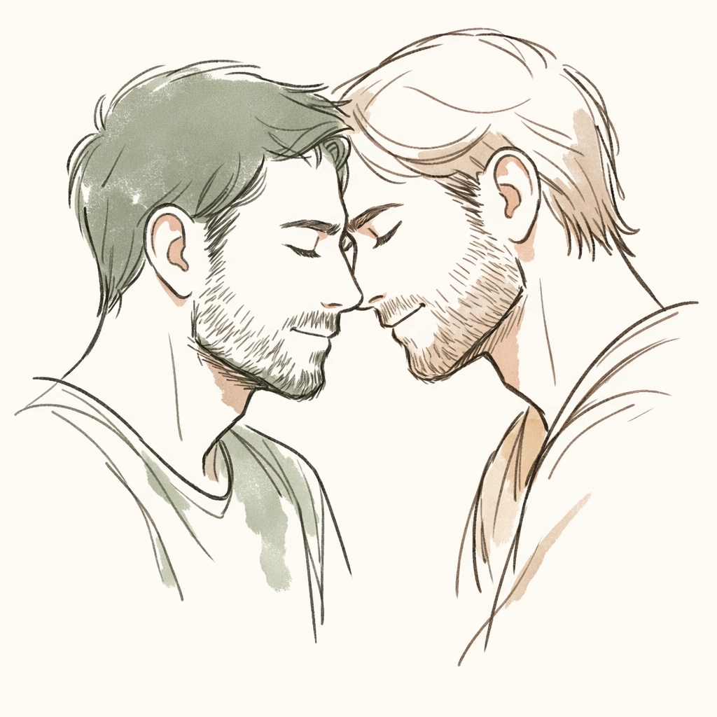 Close-up of two men in a tender, emotional moment representing the Honne of authentic MM romance novels.