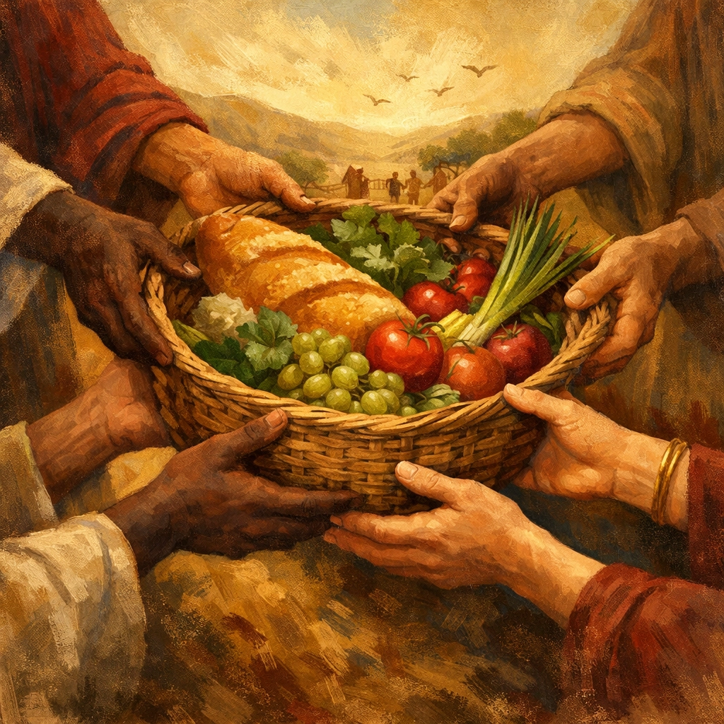 Diverse hands sharing basket of bread symbolizing community food security