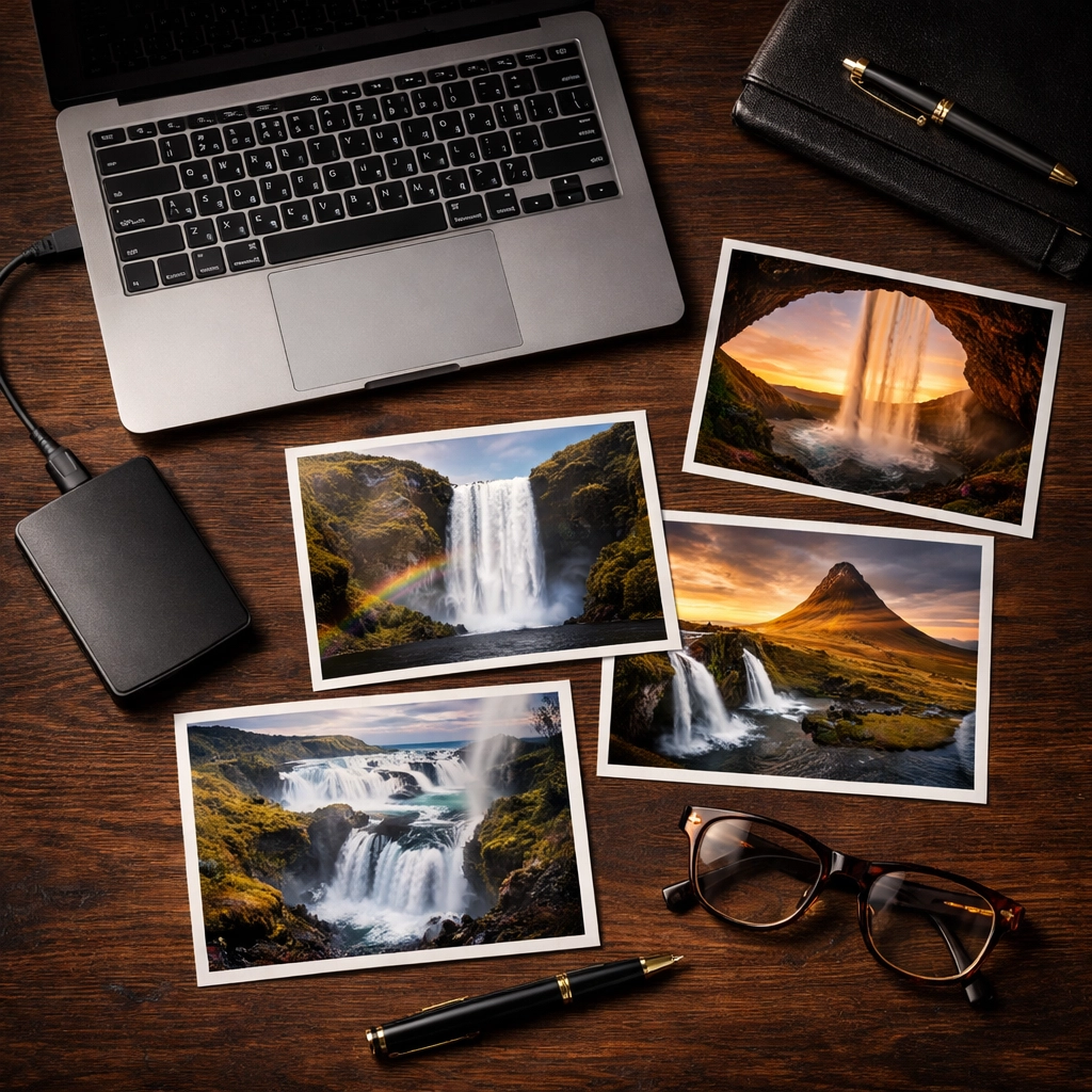 Overhead desk view with professional waterfall photos and laptop for image file management.