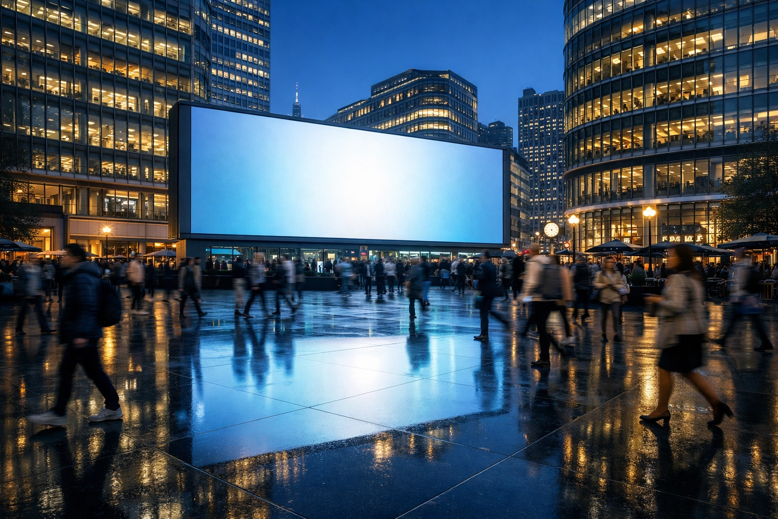 Modern digital billboard in a busy city plaza reflecting daily foot traffic for DOOH media planning.