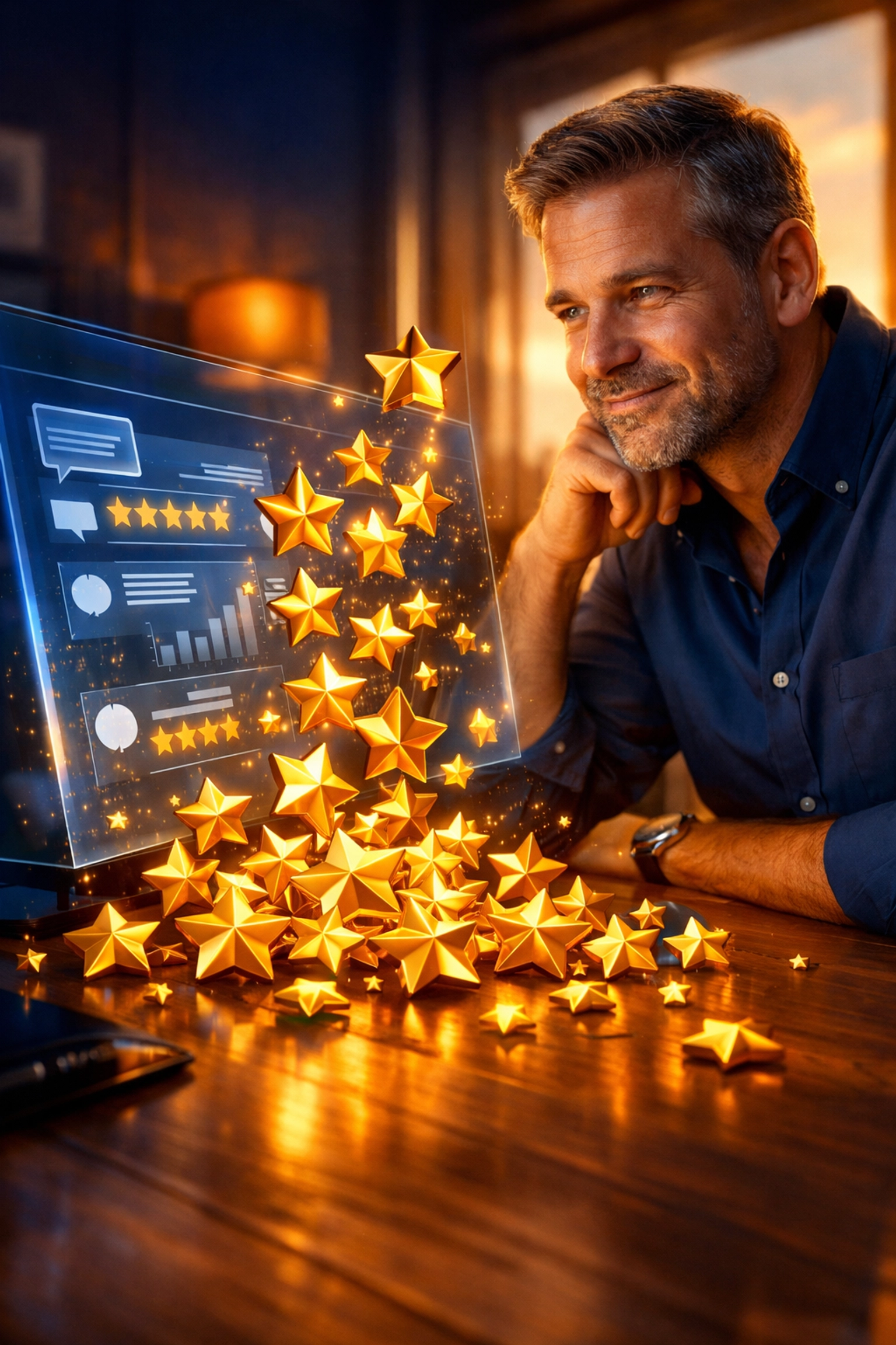 Business owner seeing positive reviews from successful local SEO and website maintenance services.