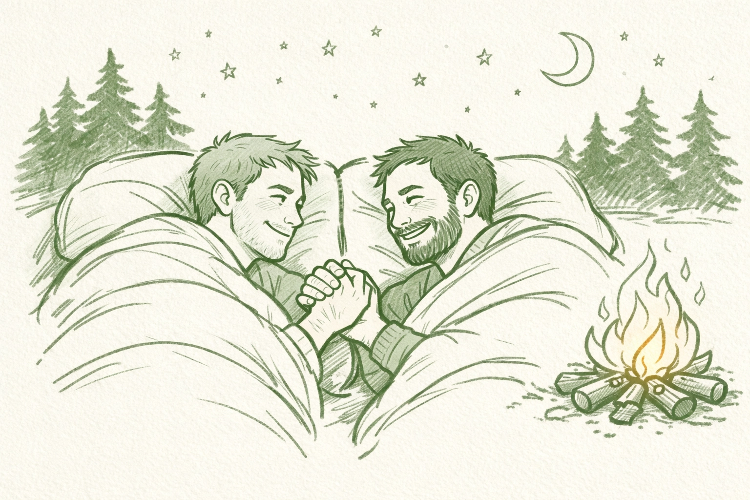 Two men in sleeping bags holding hands under starry night sky while camping together